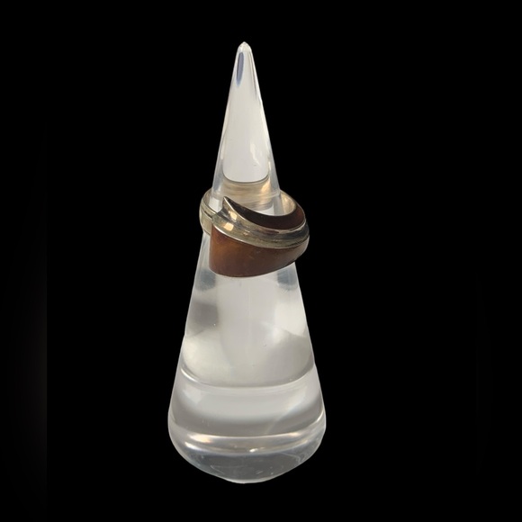 Vintage FCA Amber Inlay Taxco Mexico Sterling Silver Modernist Unique Men’s Ring - Picture 3 of 14